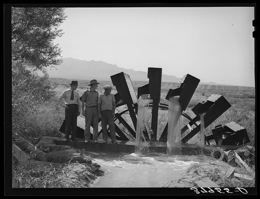 Untitled photo, possibly related to: FSA (Farm Security Administration) cooperative waterwheel near little field. Mohave County, Arizona