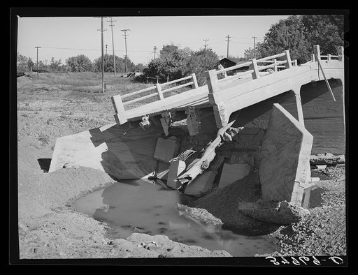 Detail of bridge washed out by recent flood of Sacramento River in Tehama County, California
