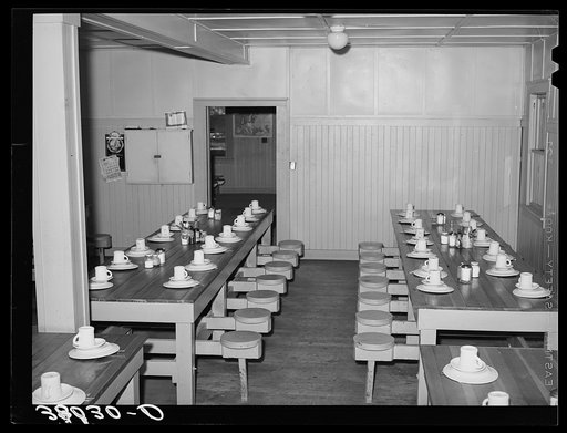 Tables in mess hall for single men who are permanent workers at the Earl Fruit Company ranch. Kern County, California