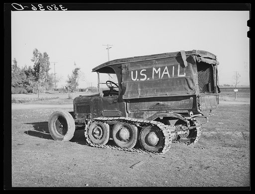 U.S. mail truck used in snowy mountain sections of Nevada County, California