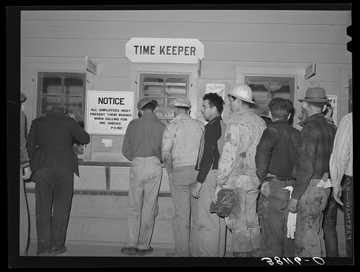 Untitled photo, possibly related to: Construction workers getting paid off. Shasta Dam, Shasta County, California