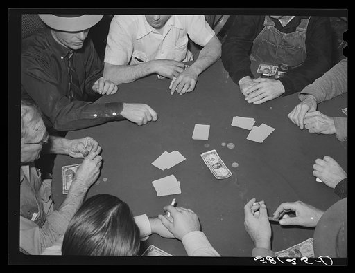 Poker game of construction workers at canteen. Shasta Dam, Shasta County, California
