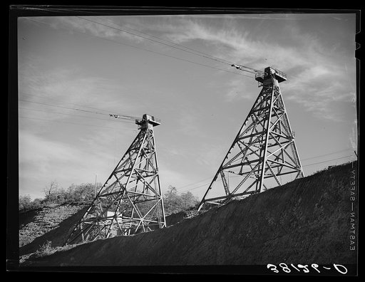 Towers connecting with central tower from which material for construction of Shasta Dam is distributed. Shasta County, California