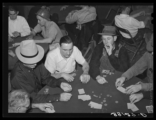 Poker game of construction workers at canteen. Shasta Dam, Shasta County, California
