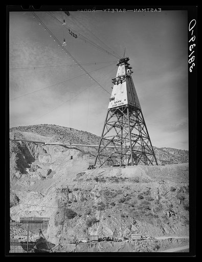 Central tower from which materials used in construction of Shasta Dam are distributed. Shasta County, California