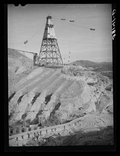 Central tower from which materials used in construction of Shasta Dam are distributed. Shasta County, California