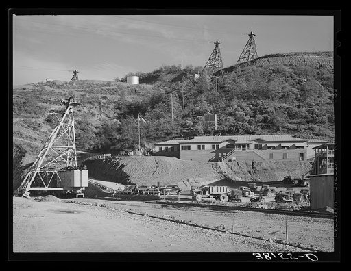 Untitled photo, possibly related to: Towers connecting with central tower from which material for construction of Shasta Dam is distributed. Shasta County, California