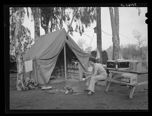 "We're living in a tent because we wouldn't pay anyone thirty or thirty-five dollars for a two-room bug trap." Mission Valley, California, which is about three miles from San Diego