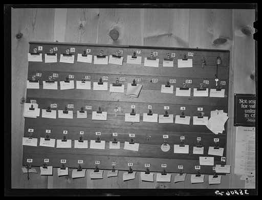 Board of keys and names of occupants of tourist court, San Diego, California. The tourist courts are filled with workers who pay from five to eight dollars a week for one small room and kitchenette furnished with a two-burner gas plate. These courts have private bath