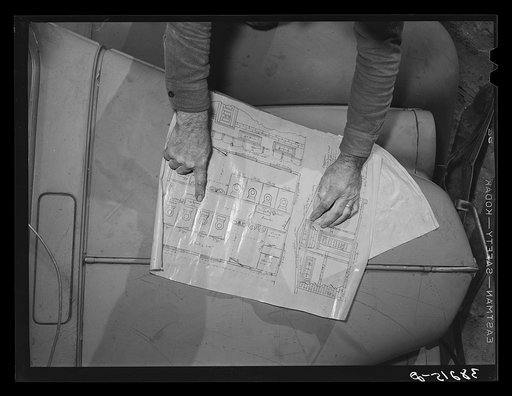 Chart for the sanitary units of a trailer court which is under construction, San Diego, California. The owner-builder estimates that it will cost him about two thousand dollars to put in this court which will accommodate seventy-five trailers. Rental fee will be near ten dollars a month