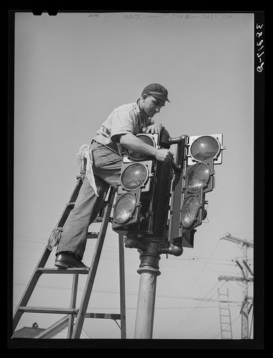 Untitled photo, possibly related to: Putting up new traffic signal. San Diego, California