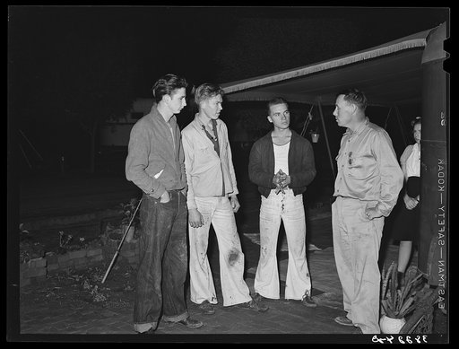 Three boys who have come down from Los Angeles looking for work talking to a friend who is already employed. San Diego, California. The following conversation was overheard: "You can go to work before noon tomorrow. Just go out where you see some work and apply." "We can sure use the money." "It's u