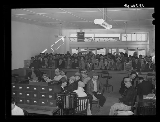 Men applying for work at the office of the Texas State Employment Service, Corpus Christi, Texas. In Corpus Christi there is now surplus supply of unskilled labor and a shortage of skilled labor