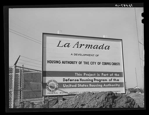 Untitled photo, possibly related to: Sign at U.S.H.A. project under construction. Corpus Christi, Texas. This project will provide housing for two hundred forty-nine married enlisted men and civilian employees at the naval air training base. Corpus Christi, Texas