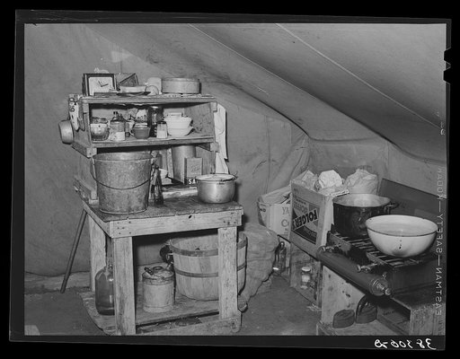 Interior of tent home of roofer and his family. Corpus Christi, Texas