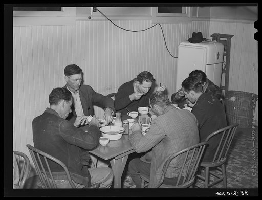 Men eating afternoon meal at the Salvation Army. Corpus Christi, Texas. The Salvation Army says that they have a heavy case load because of stranded unskilled laborers in the city. There is now a surplus supply of unskilled labor and a shortage of skilled labor in the city