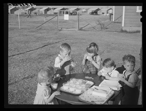 Children drinking milk. Yuba City FSA (Farm Security Administration) farm workers' camp. Yuba City, California