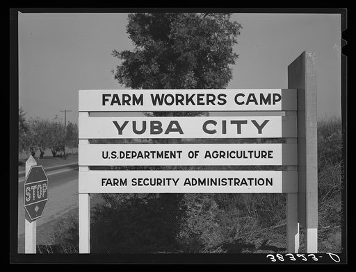 Sign at Yuba City FSA (Farm Security Administration) farm workers' camp. Yuba City, California