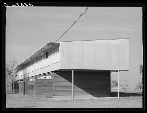 Untitled photo, possibly related to: Row of apartments for permanent farm workers at the Yuba City farm workers' camp. Yuba City, California