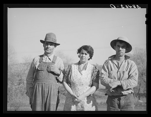 Fruit farmer, his wife and son. Placer County, California. He has owned his eighty acre farm for about thirty-four years. "It's pretty but what's it good for? The trees aren't worth the land they stand on," he says. Has Federal Land Bank loan which he will probably not be able to pay and expects to 