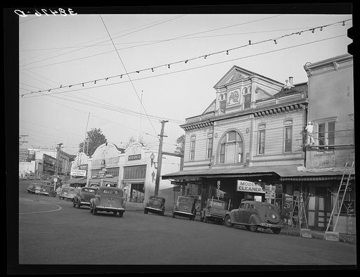 On the main street of Auburn, county seat of Placer County, California. This was first a mining section when gold was discovered in California and later became a fruit section. It is now on the decline
