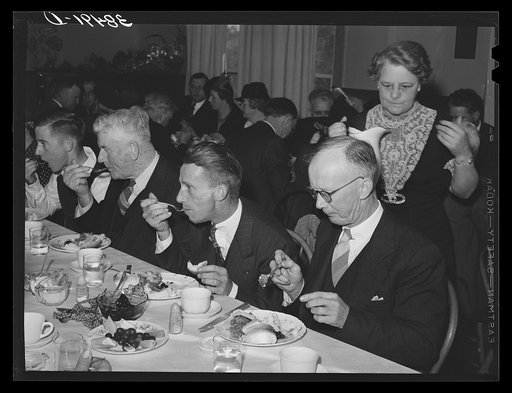 Members of the Loomis Fruit Association at dinner after their fortieth annual meeting. Loomis, Placer County, California