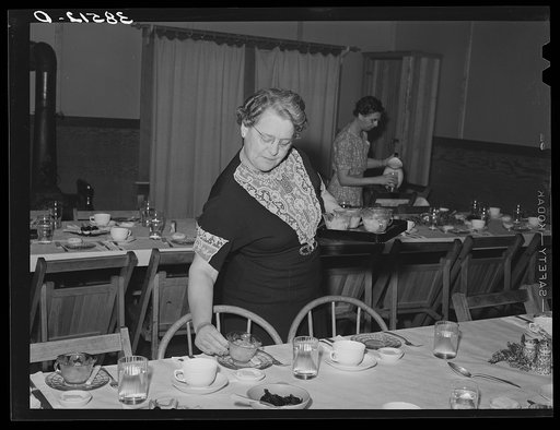 Serving dinner for members of the Loomis Fruit Association after their fortieth annual meeting. Loomis, Placer County, California