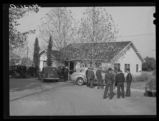 Members of the Loomis Fruit Association arrive for dinner after their fortieth annual meeting. Loomis, Placer County, California