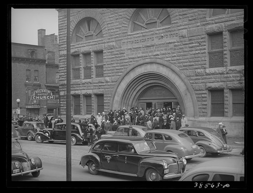 Untitled photo, possibly related to: Crowd coming out of Pilgrim Baptist Church. Southside of Chicago, Illinois