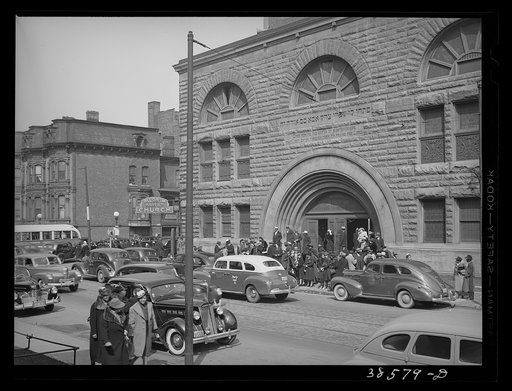 Untitled photo, possibly related to: Crowd coming out of Pilgrim Baptist Church. Southside of Chicago, Illinois
