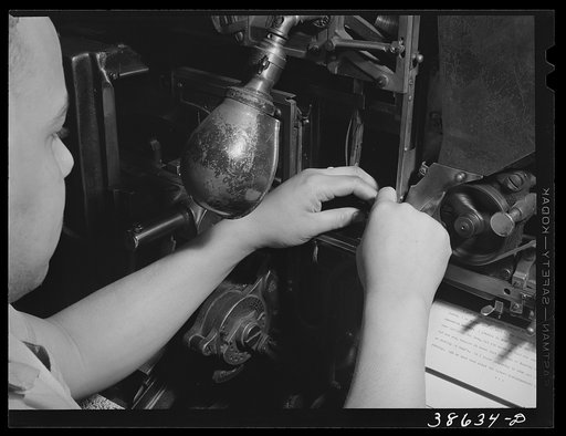 Untitled photo, possibly related to: Linotype operator. Chicago, Illinois