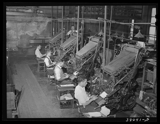 Untitled photo, possibly related to: Linotype operators of the Chicago Defender, Negro newspaper. Chicago, Illiniois
