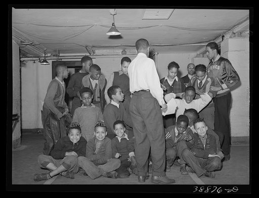 Untitled photo, possibly related to: Shuffleboard being played in basement of the Good Shepherd Community Center. Chicago, Illinois