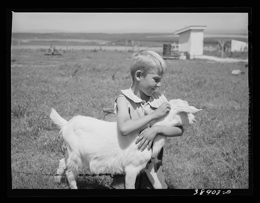 One of Mr. Browning's sons with his pet goat. They are FSA (Farm Security Administration) rehabilitation clients living on the Vale-Owyhee project. Dead Ox Flat, Malheur County, Oregon