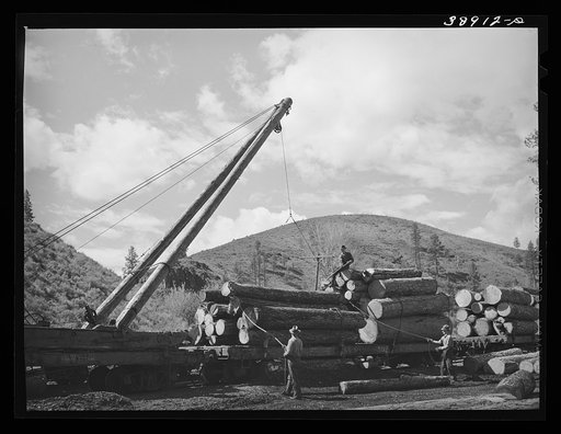 Loading logs onto railroad cars for transportation into town. Baker County, Oregon