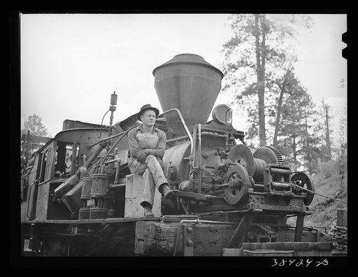 Logging locomotive and operator. Baker County, Oregon