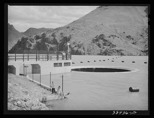 Untitled photo, possibly related to: Glory hole of the Owyhee Reservoir. Water for the Vale-Owyhee irrigation project is impounded here. Malheur County, Oregon