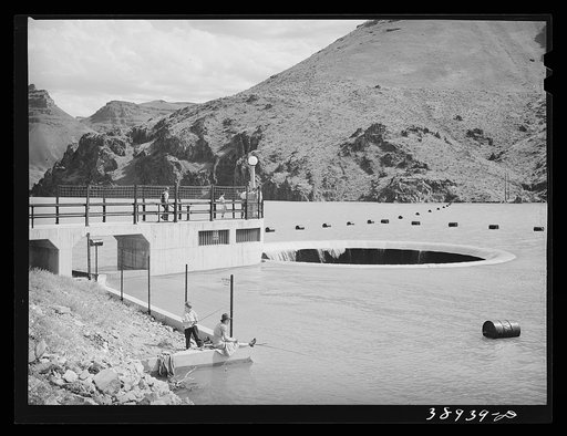 Glory hole of the Owyhee Reservoir. Water for the Vale-Owyhee irrigation project is impounded here. Malheur County, Oregon