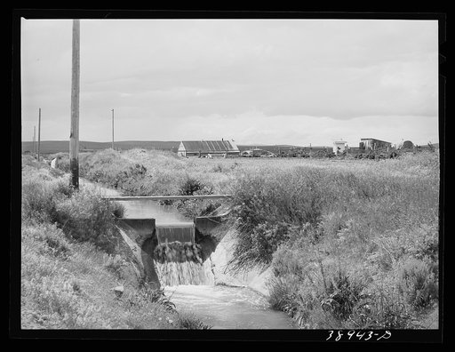 Irrigation ditch and gate with the Free family farmstead in the background. This family is a FSA (Farm Security Administration) rehabilitation borrower. Dead Ox Flat, Malheur County, Oregon