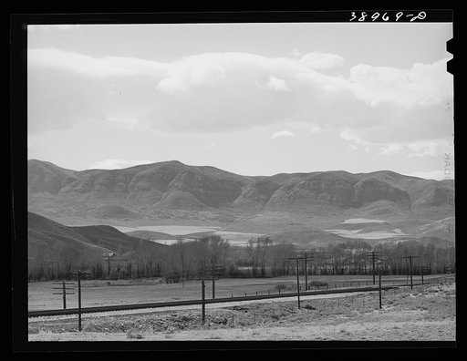 Fields extending into the mountains. Henefer, Utah. Mormon farmers in this section not only practice irrigation but take advantage of as much of all natural runoff from the mountains as possible