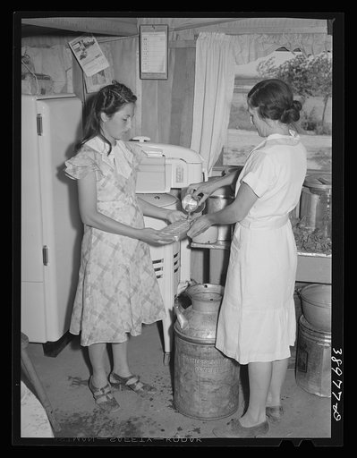 Mrs. Browning and her daughter fill ice trays for electrical refrigeration. They are FSA (Farm Security Administration) rehabilitation borrowers. Dead Ox Flat, Malheur County, Oregon. They haul drinking water several miles