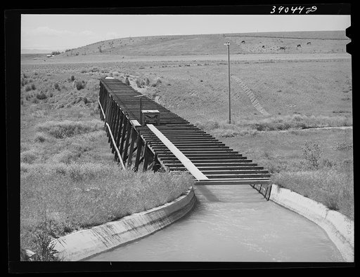 Irrigation water from Owyhee Dam being carried across valley of small creek. Malheur County, Oregon
