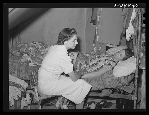 Untitled photo, possibly related to: The nurse visits farm worker who is sick. FSA (Farm Security Administration) migratory labor camp mobile unit. Wilder, Idaho