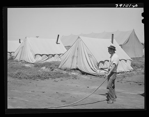 Farm worker watering down the dusty ground around his tent at the FSA (Farm Security Administration) migratory labor camp mobile unit. Wilder, Idaho