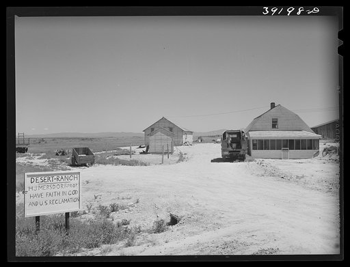 Desert Ranch. This man is waiting for irrigation water which will be supplied by the Black Canyon irrigation project. Canyon County, Idaho. He has spent about three thousand dollars for buildings and is ready to start farming when, he hopes, he gets water in the fall of 1942