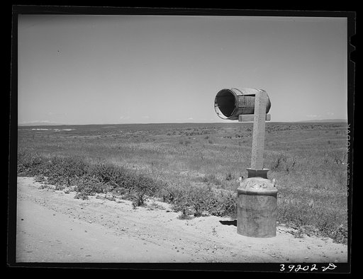 Untitled photo, possibly related to: Mailbox. Canyon County, Idaho. While this country is dry and sagebrush covered, the farmers expect it to be in crops in three or four years when irrigation water is supplied by the Black Canyon irrigation project