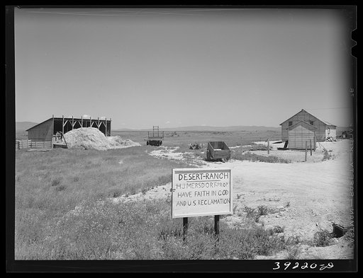 Untitled photo, possibly related to: Sign on ranch in Canyon County, Idaho. Water for this ranch will be furnished by the Black Canyon irrigation project