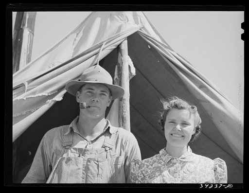 Newly-arrived farmer and his wife on the Vale-Owyhee irrigation project. Malheur County, Oregon. He tried to get a FSA (Farm Security Administration) loan, but was refused and says it'll be harder without the loan but he guesses he'll make it