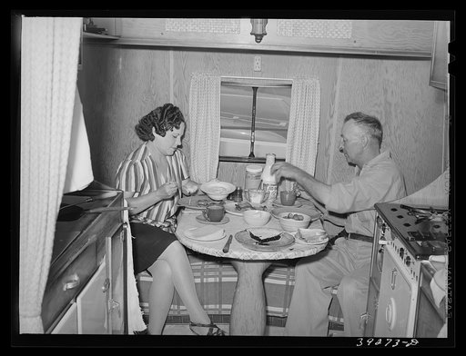Construction worker of Kearney-Mesa and his wife have lunch in their trailer home. San Diego, Calfornia