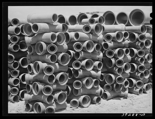 Sewer tile to be used at the Kearney-Mesa defense housing project. San Diego, California